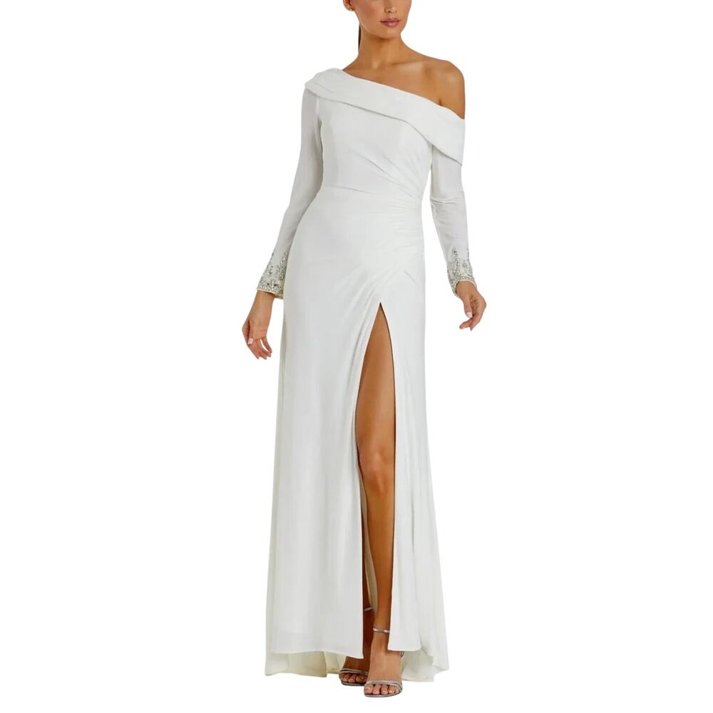 Mac Duggal 12231 White Evening Gown Off the Shoulder Long Sleeve Dress Size 6